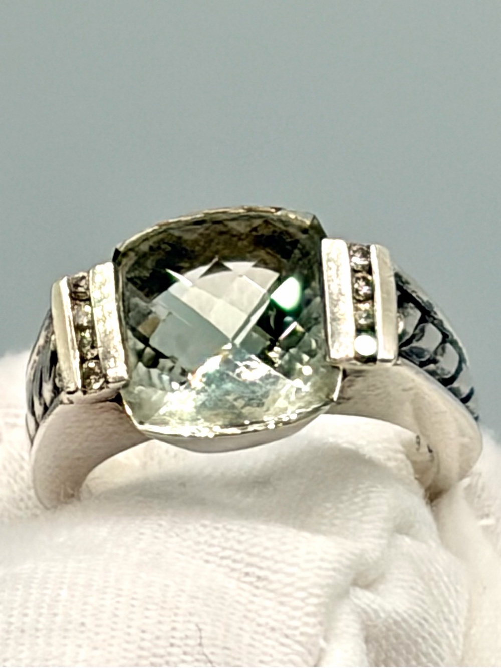 Authentic David Yurman Green Amethyst/ Prasiolite Cable Ring, Sterling Diamond